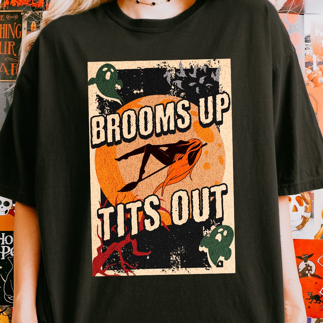 Brooms Up Tits Out Halloween T-Shirt