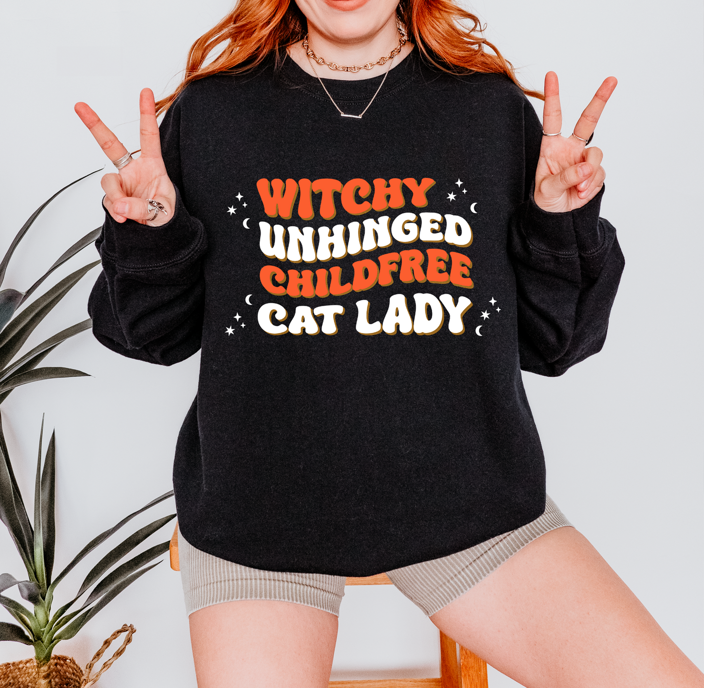 Witchy Unhinged Childless Cat Lady Crewneck Sweatshirt