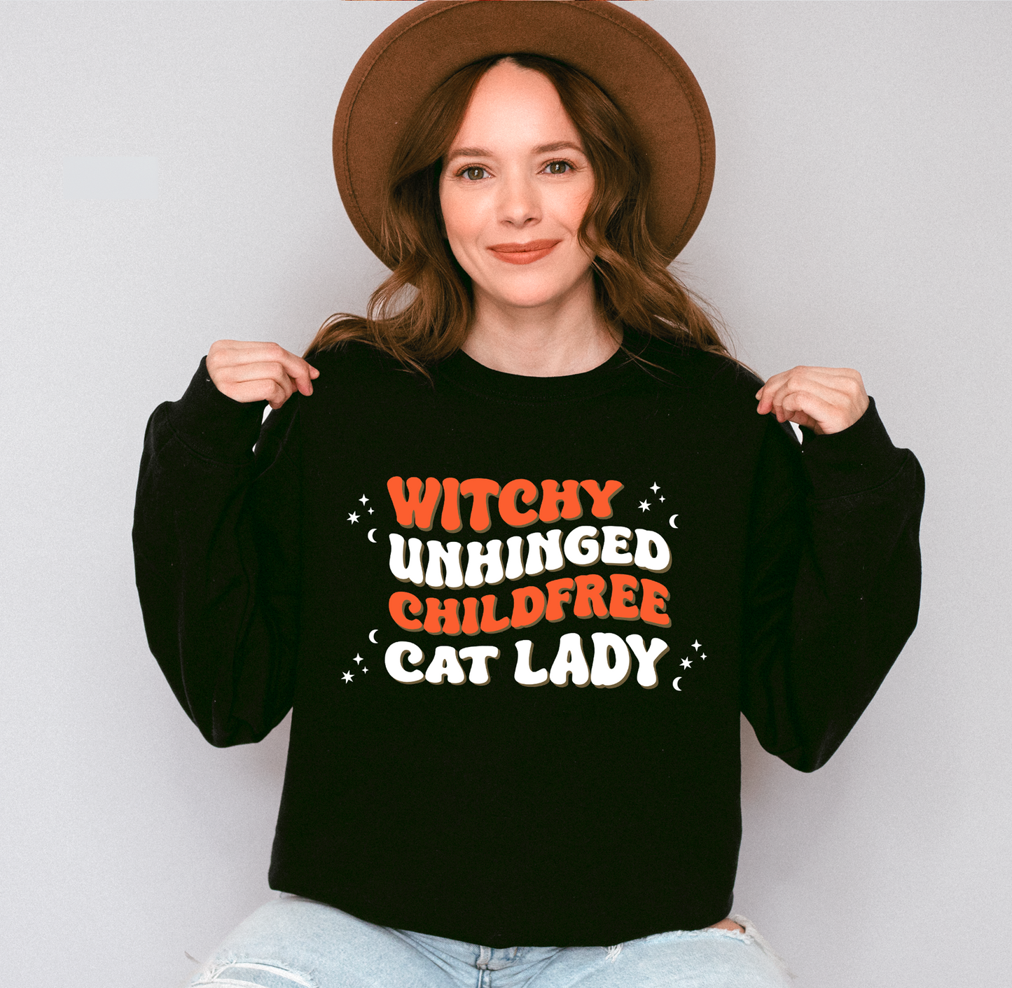 Witchy Unhinged Childless Cat Lady Crewneck Sweatshirt